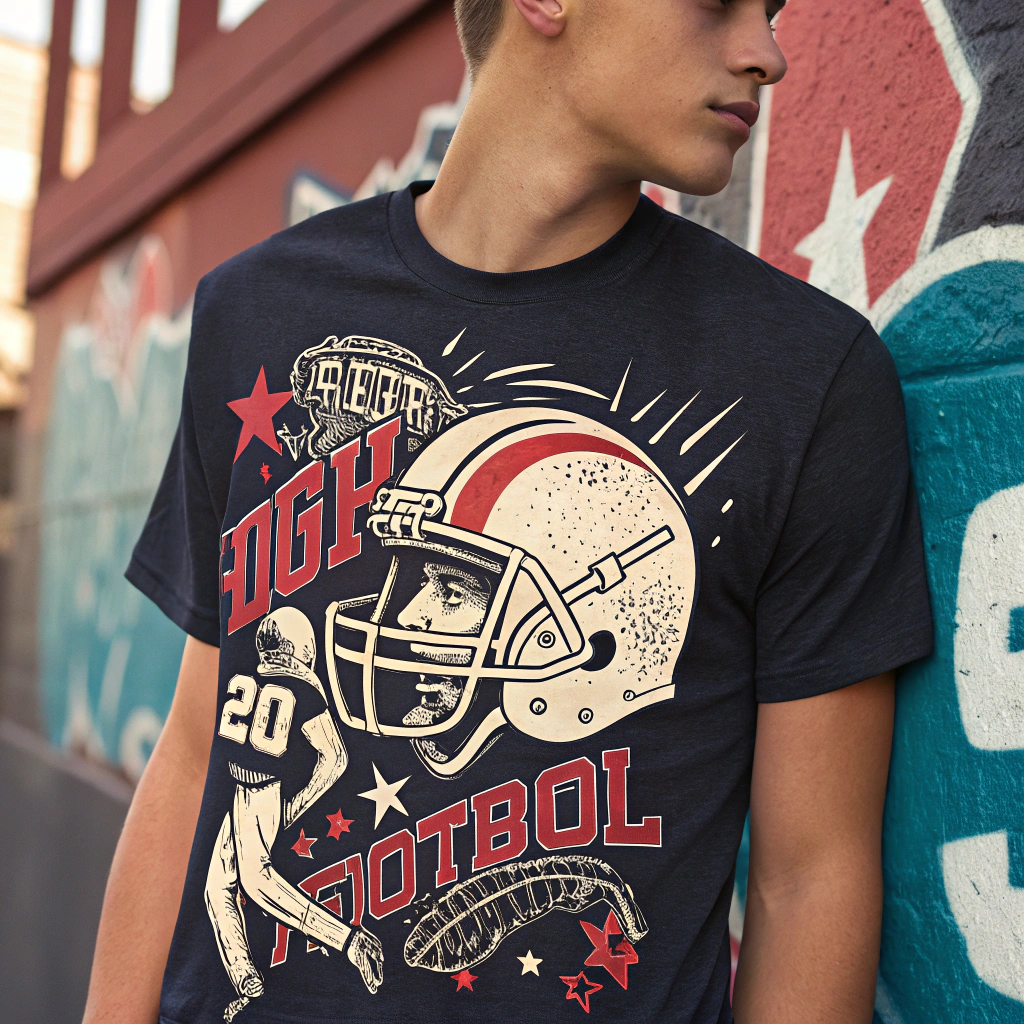 AI generated image by FLUX.1-schnell: a high school football playoff souvenir t-shirt design one or two screen printed colors in a trendy style Grafitti inspired linocut streetwear, American Football graphics 