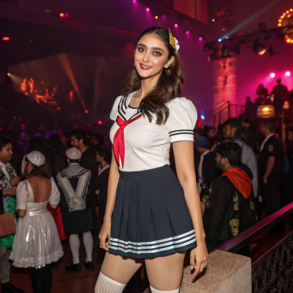 AI generated image by FLUX.1-schnell: A extremely beautiful  actress Aditi Rao Hydari, wearing a school girl outfit at a crowded Halloween party.