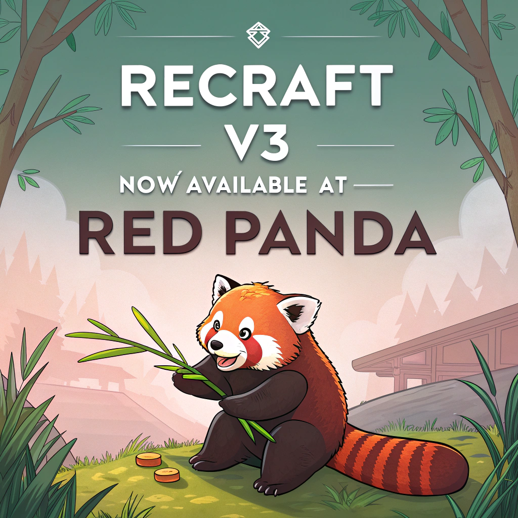 AI generated image by FLUX.1-schnell: a red panda eating a bamboo in front of a poster that says "recraft V3 now available at red panda ai