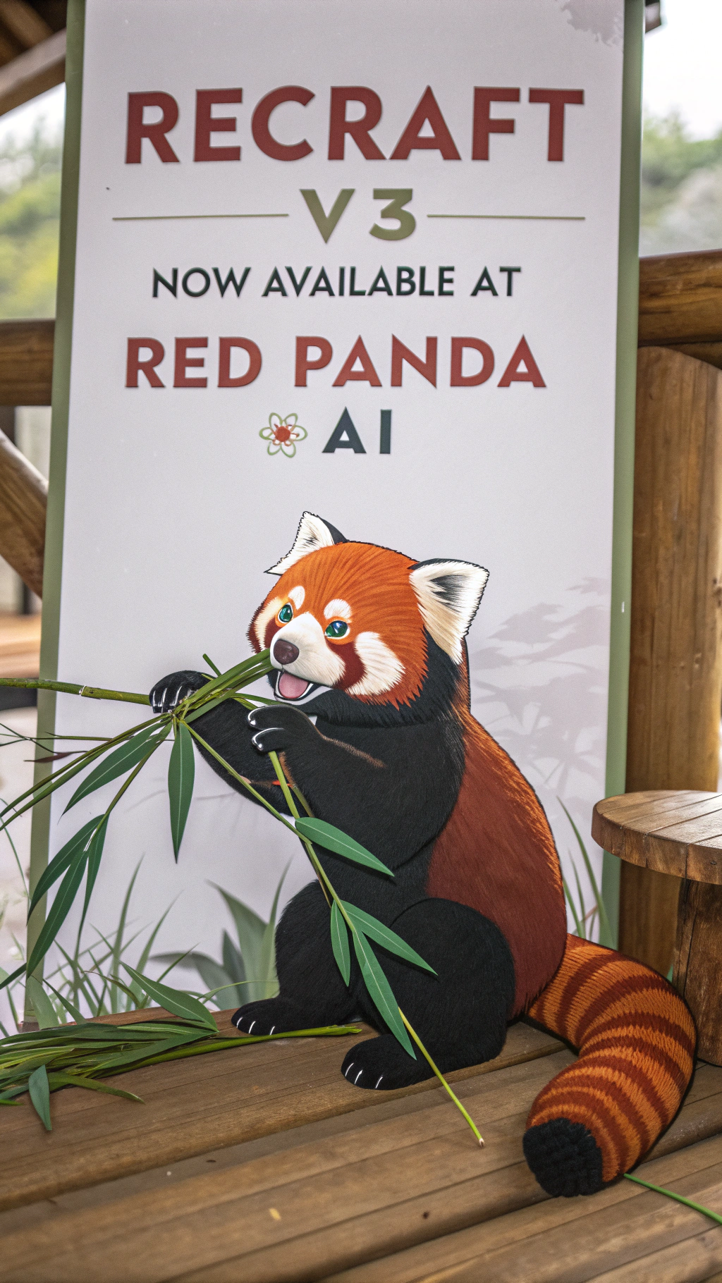 AI generated image by FLUX.1-schnell: a red panda eating a bamboo in front of a poster that says "recraft V3 now available at red panda ai