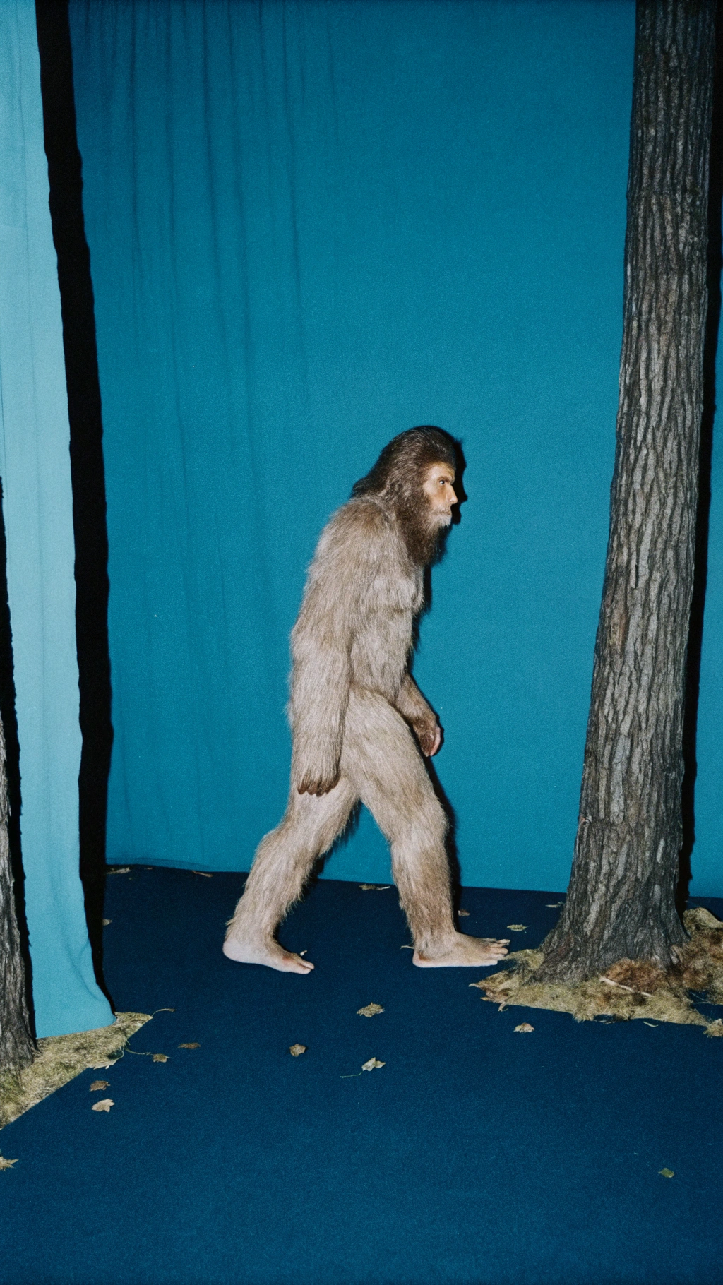 AI generated image by Red Panda AI:  a tall apeman, or bigfoot, striding through an english wood