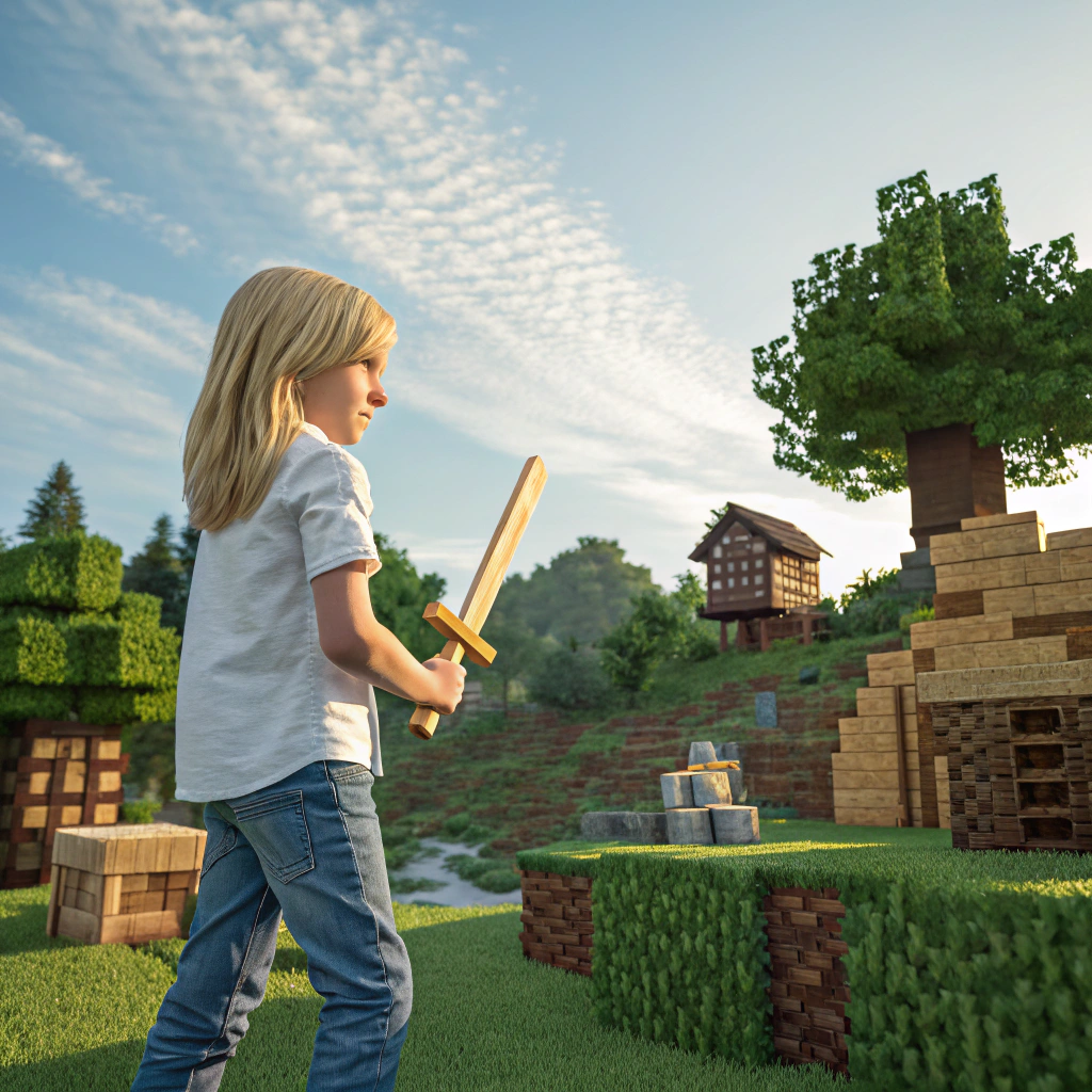 AI generated image by Red Panda AI: A blond boy with long hair in the world of Minecraft 