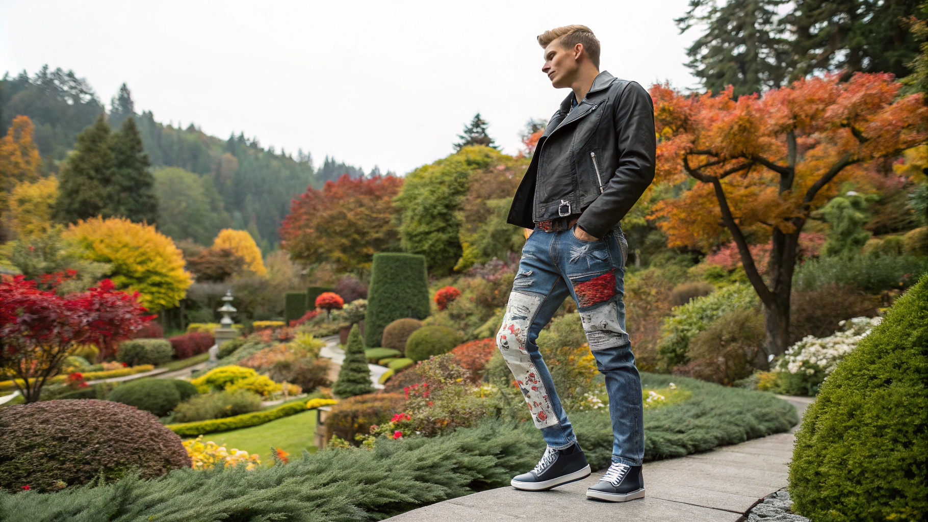 AI generated image by FLUX.1-schnell: Men's biker jeans featuring dynamic patchwork, stonewashed finishes, and bold contrast stitching with contemporary art designs. Autumn season. White male. The Butchart Gardens, Victoria, British Columbia background.