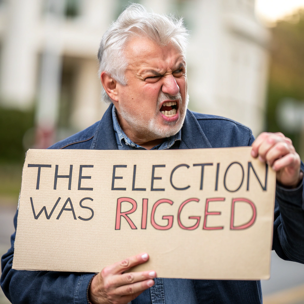 AI generated image by Red Panda AI: Give me a picture of an angry middle aged white make that says: The Election was Rigged