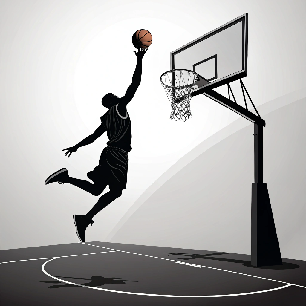 AI generated image by FLUX.1-schnell: basketball player taking a shot from the fault line, only the silhouette of the player must be observed and the backboard and basket must be shown, only using black and white colors