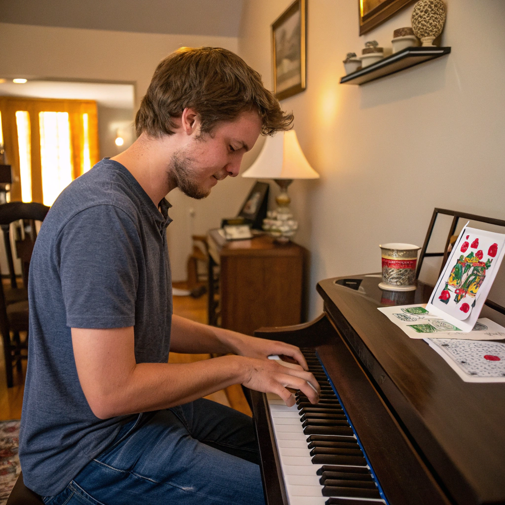 AI generated image by Red Panda AI: Maverick Harrold, piano, UNO, Omaha