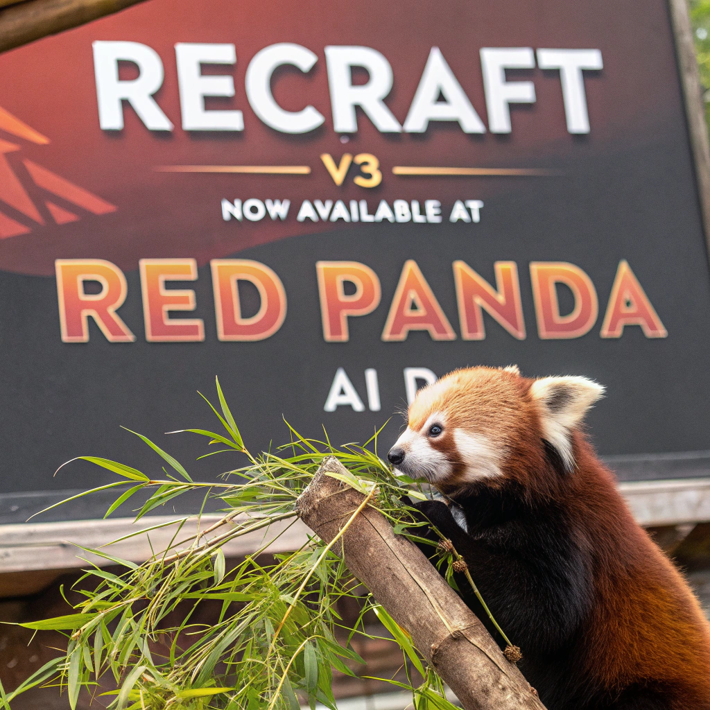 AI generated image by Red Panda AI: a red panda eating a bamboo in front of a poster that says "recraft V3 now available at red panda ai