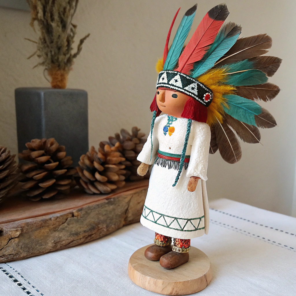 AI generated image by FLUX.1-schnell: a kachina doll with feathers on its head and wearing a white dress and brown boots.
