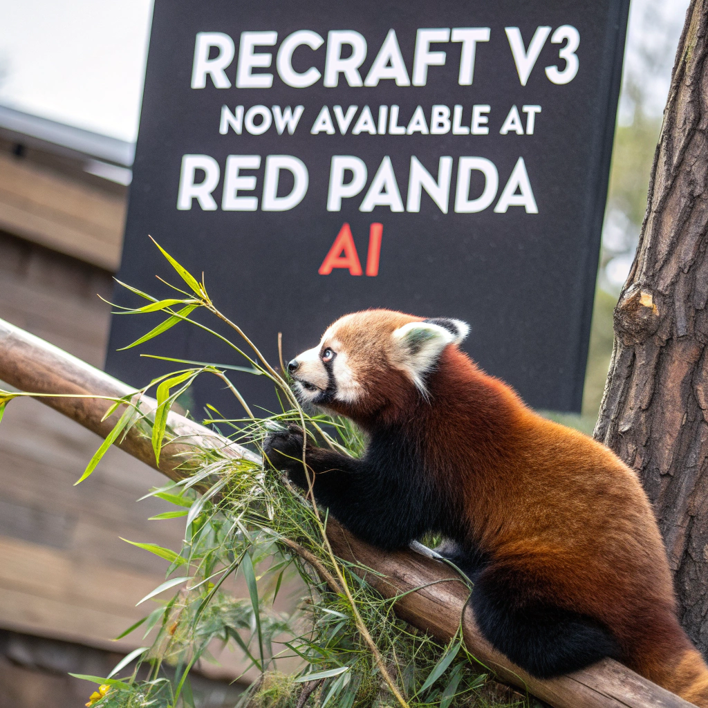 AI generated image by FLUX.1-schnell: a red panda eating a bamboo in front of a poster that says "recraft V3 now available at red panda ai