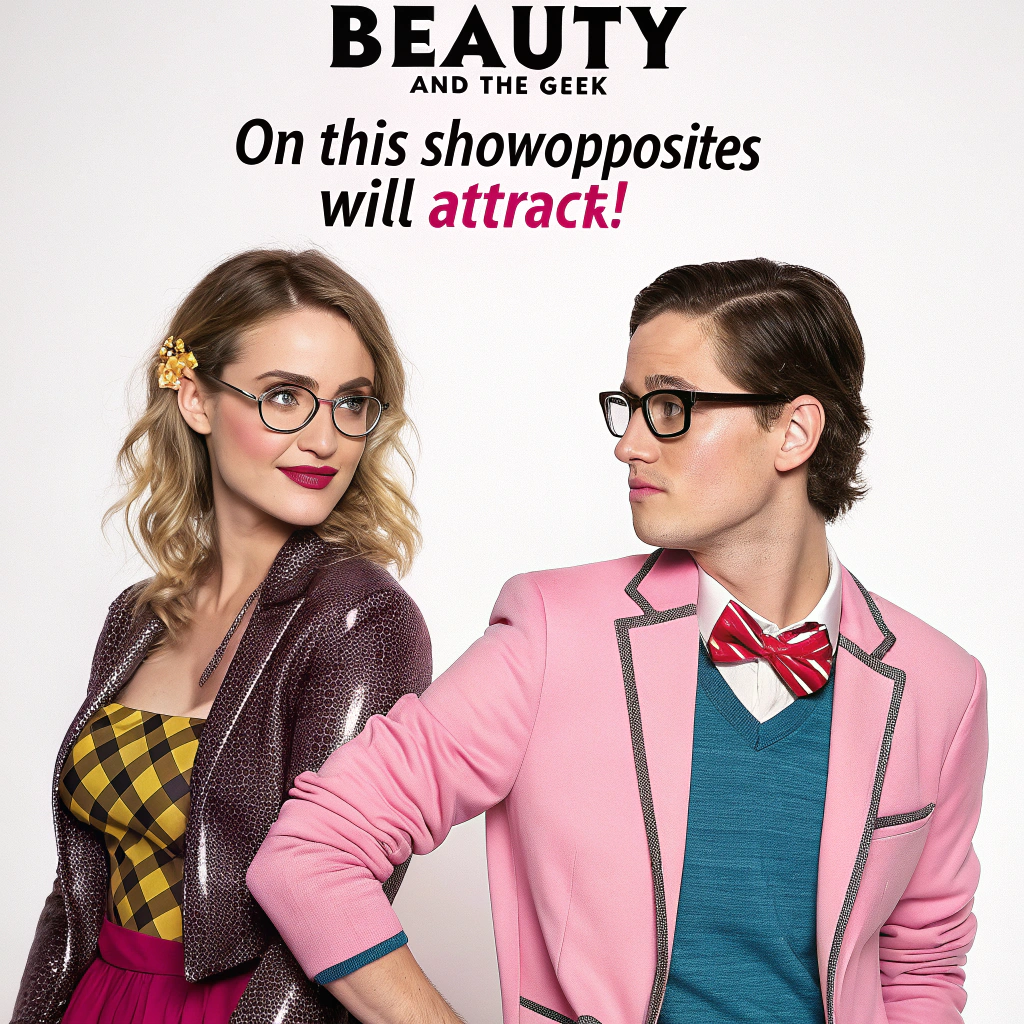 AI generated image by FLUX.1-schnell: A modern, edgy key art design for Beauty and the Geek a reboot of the classic reality show. This is a new edgy dating show. pink and black font
The image shows a mixed-gender lineup of 10 Beauties and 10 Geeks, (Beauties in bold, trendy attire and Geeks in polished, quirky outfits). They stand side by side with contrasting expressions—some confident, others slightly nervous—capturing their personalities.  tagline: On this show opposites will attract!  