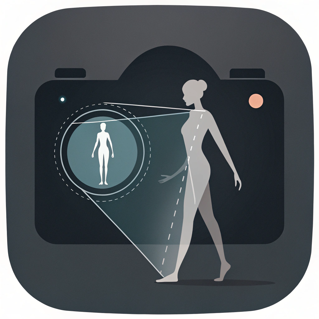 AI generated image by FLUX.1-schnell: A minimalist icon for a mobile app, where there is a high-tech camera scanning a fit body shape using AI. The icon should be simple and minimalist, dark with some subtle effects for the AI feeling