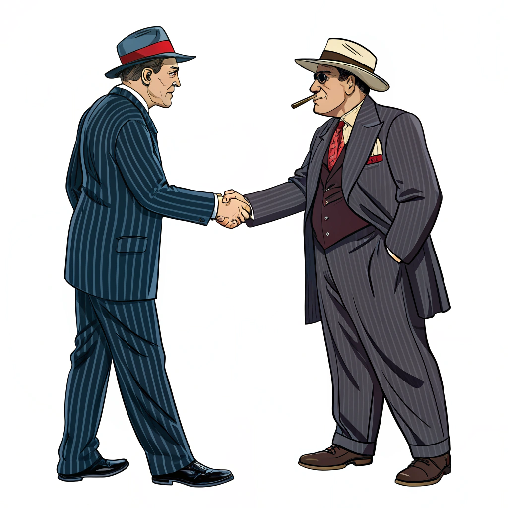 AI generated image by Red Panda AI: a standing two old mafia godfathers shaking hands, the 1920s, complete full body view of the characters, no crop, white background, color comic book style