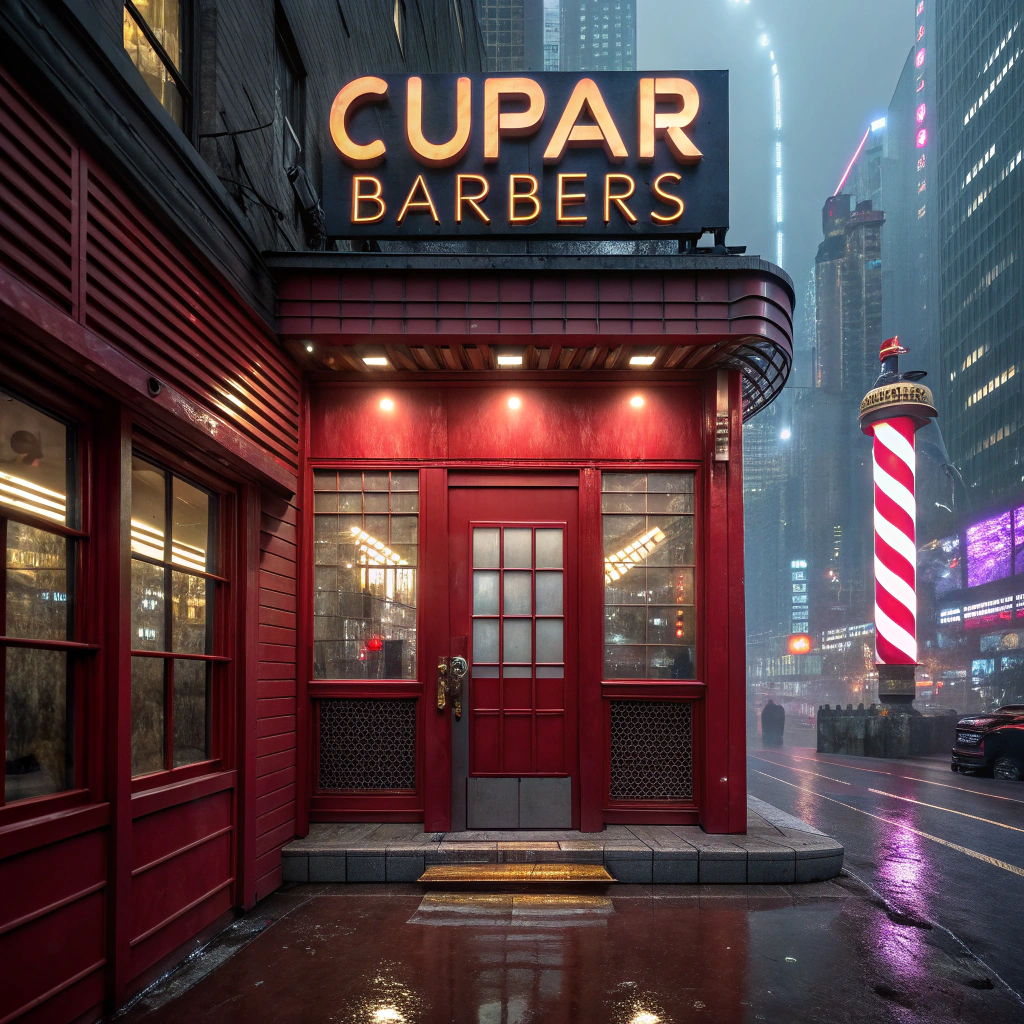 AI generated image by FLUX.1-schnell: A ctyscape like blade runner with a red barber shop with two large windows and a door in the middle and a barber pole above the door slopping upwards at 45 degrees. "Cupar Barbers" in large gold letters along length of shop at the top.