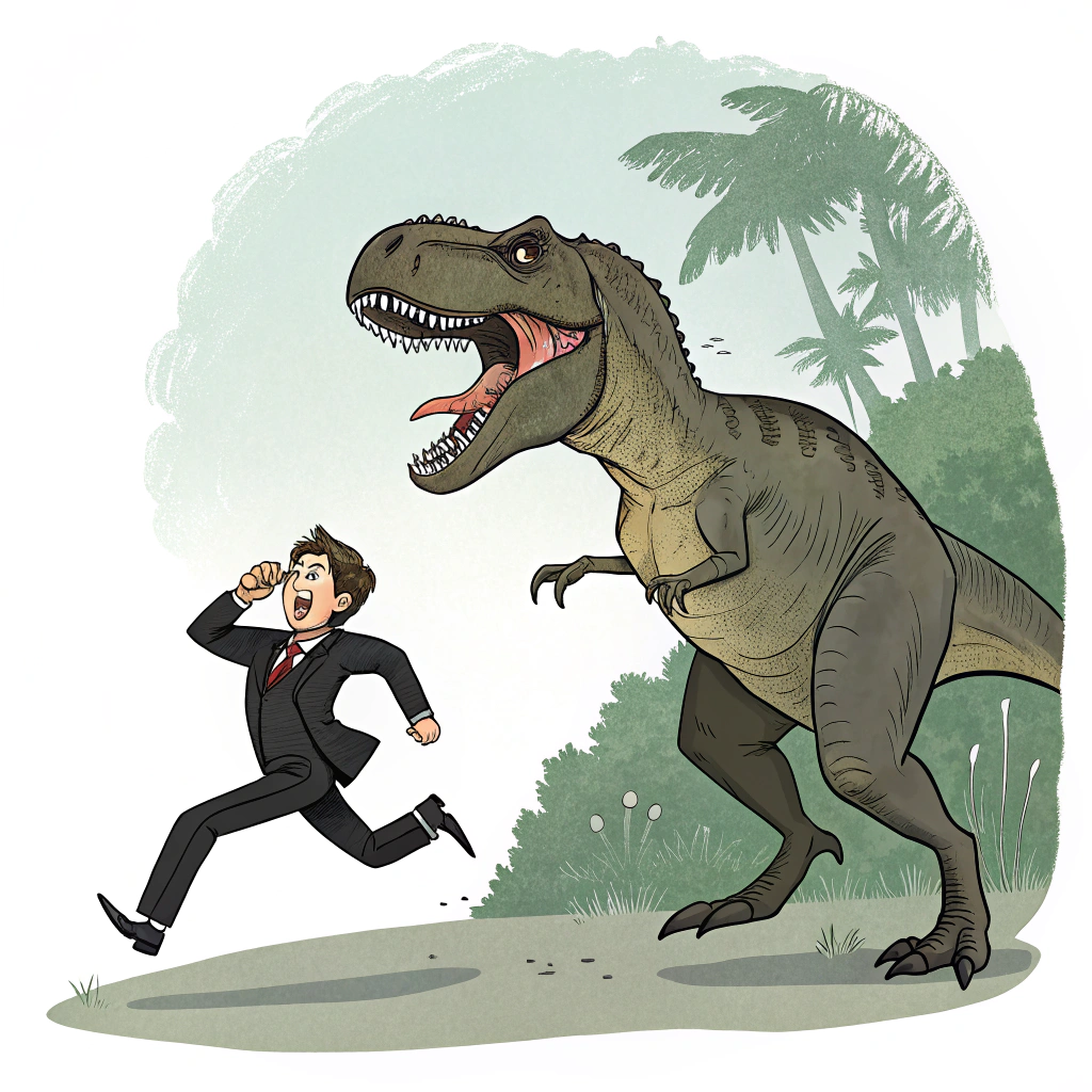 AI generated image by FLUX.1-schnell: A handsome man wearing a black office suit, running away in a cartoonish fashion from a rubbing tyrannosaurus Rex. Seen from a front and side angle