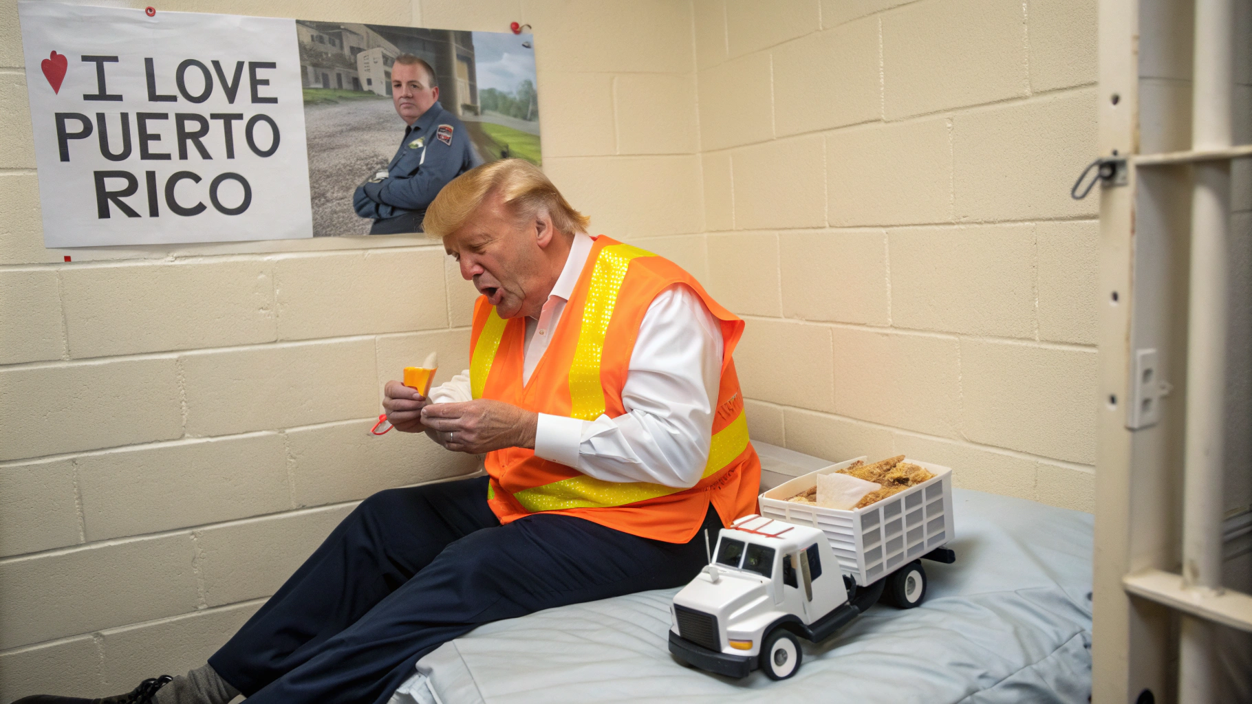 AI generated image by FLUX.1-schnell: donald trump wearing an orange high-visibility vest with yellow stripes and long sleeve white shirt playing with a small white garbage truck toy inside a jail cell sitting on a bed eating french fries with a poster that says "I love puerto rico" on the wall