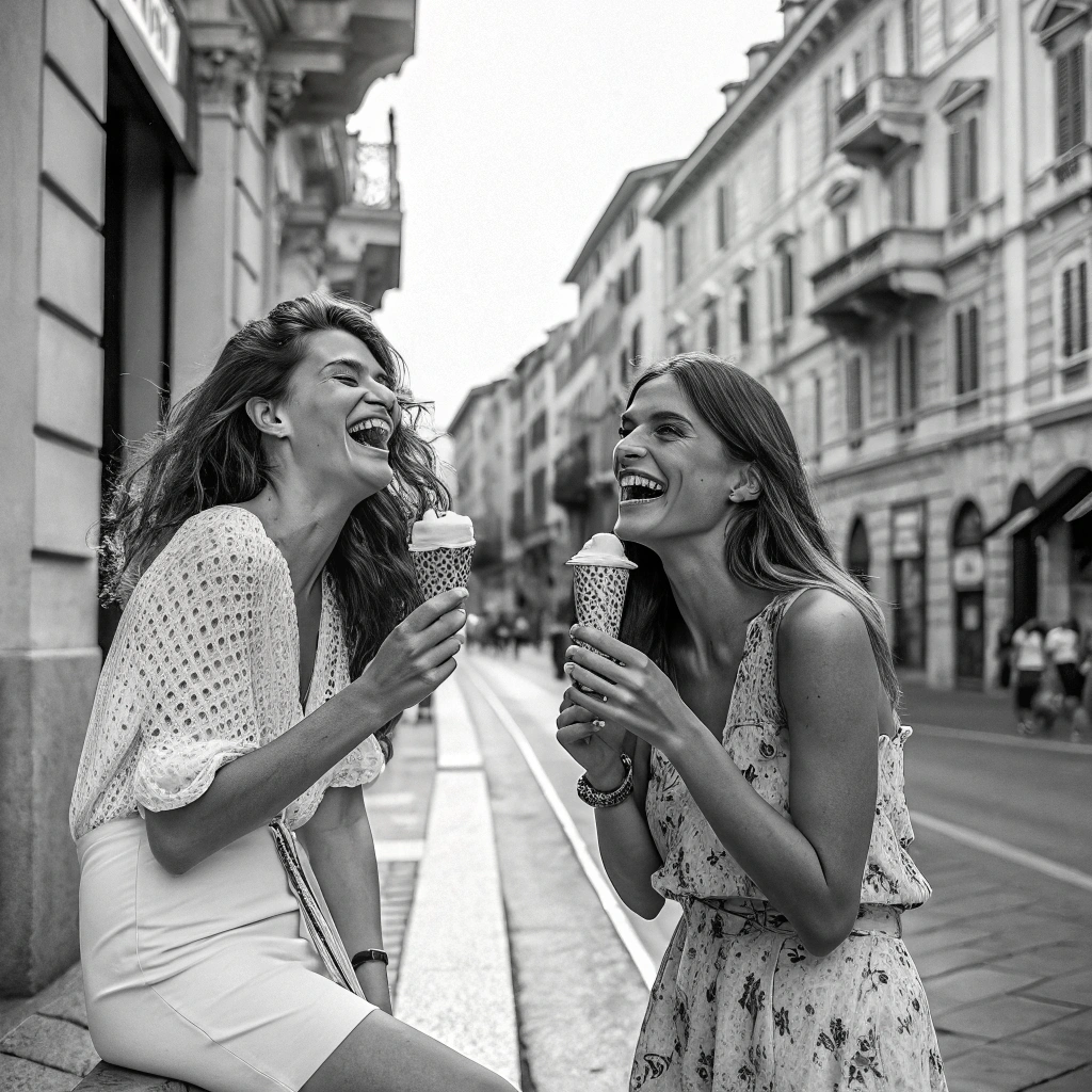 AI generated image by FLUX.1-schnell: a black and white nostalgic photo of two beautiful italian young women eating gelator in a Milan street, laughing in summertime. heavy grain and nostalgia feel