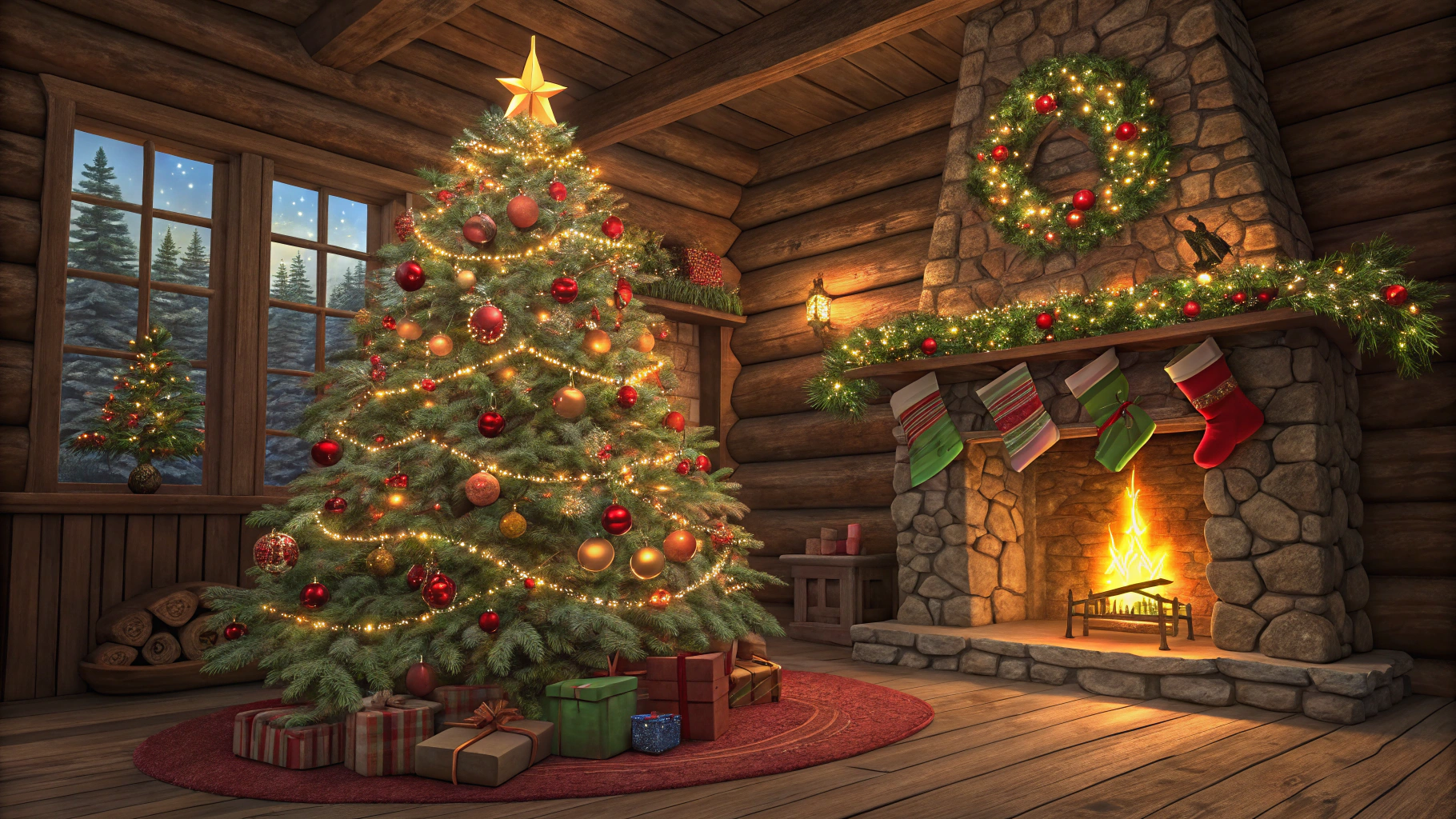 AI generated image by FLUX.1-schnell: A beautiful and colorful Christmas tree inside a log cabin. There is a stone fireplace with Christmas stockings hanging from the mantle.