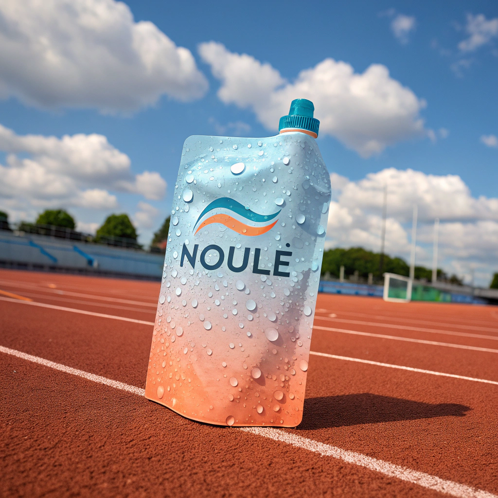 AI generated image by FLUX.1-schnell: A realistic 3D rendering of a 200ml spout pouch sports drink package. The package has a pastel sky-blue color on the top and a pastel orange color on the bottom, with a wavy logo reading "NOULE" across the front. Droplets of water appear on the surface of the pouch for a refreshing look. The background is a deep blue running track, with an orange sports field in the middle. Above, a light blue sky with fluffy white clouds adds to the atmosphere. On the track

