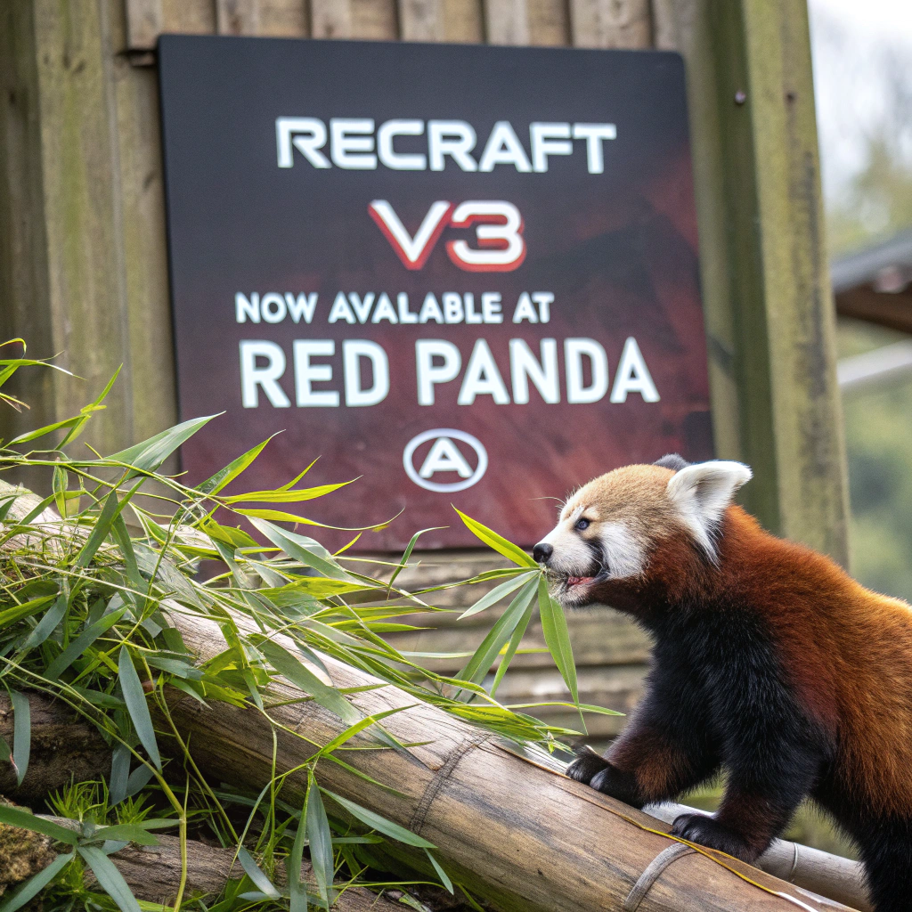 AI generated image by FLUX.1-schnell: a red panda eating a bamboo in front of a poster that says "recraft V3 now available at red panda ai