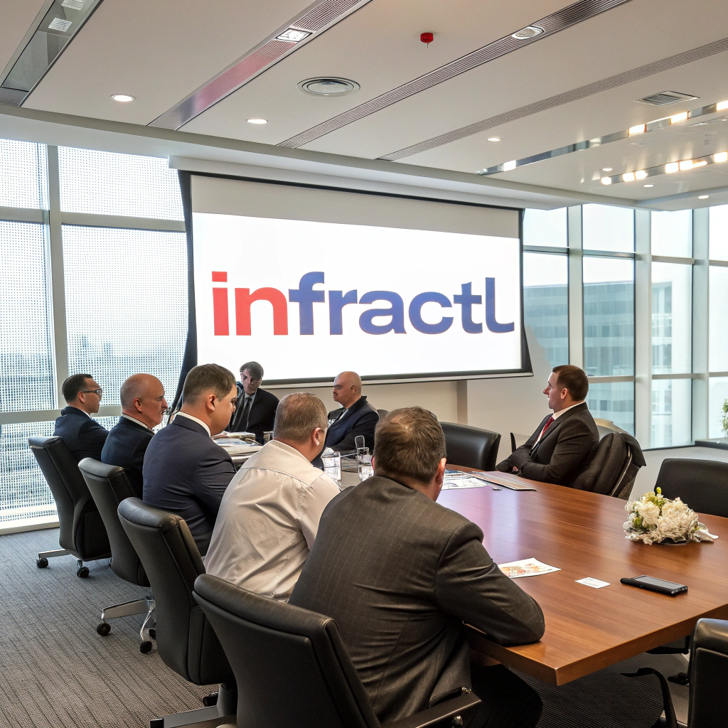 AI generated image by FLUX.1-schnell: A professional corporate meeting scene in a modern conference room with large windows, showing a group of people sitting around a large rectangular wooden table. The participants, mostly men in business attire, are seated in comfortable office chairs, all facing a large screen at the front of the room displaying a logo with the word "infractl" styled with creative red and blue lettering. The room has high ceilings with minimalist lighting fixtures above the table. The atmosphere is serious and formal, with everyone focused on the meeting. The lighting is soft, with a neutral color palette, and the background shows a window with a view of a distant, slightly blurred outdoor setting.
