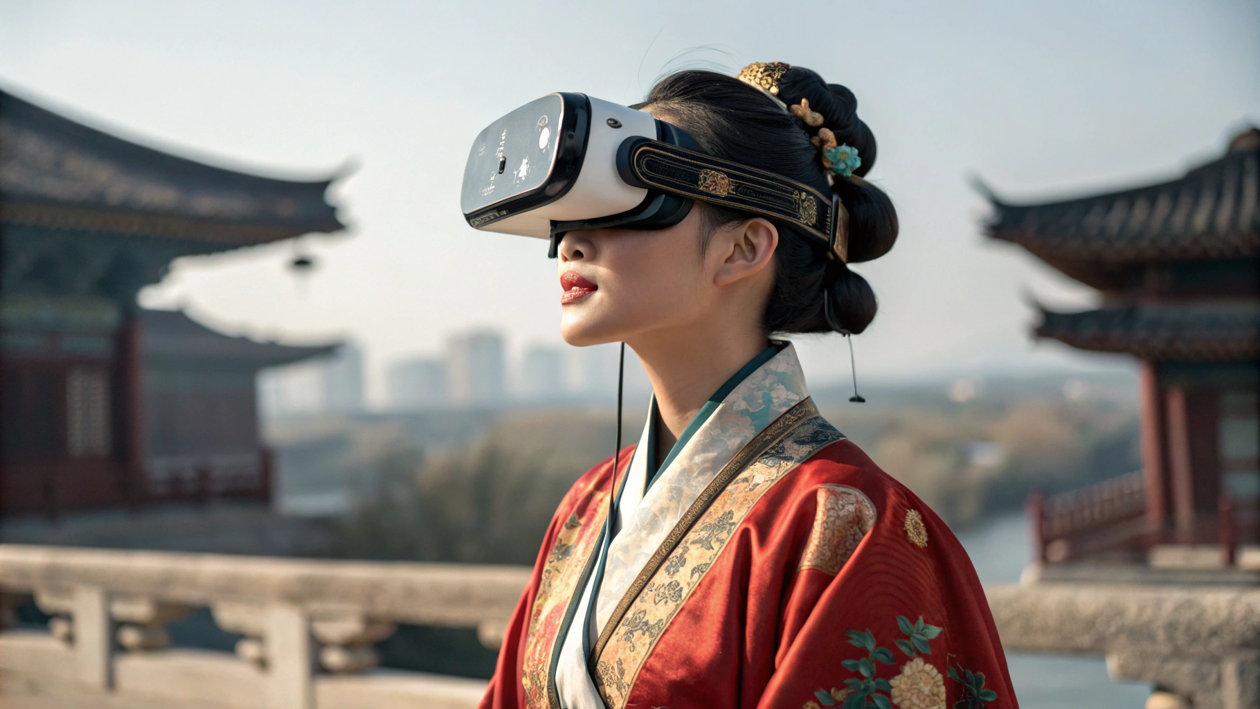 AI generated image by Red Panda AI: Make an image of a young Chinese woman, in 19th century China, wearing traditional Chinese clothing and very modern virtual reality glasses, looking at a horizon that has China in 2024 on it. 