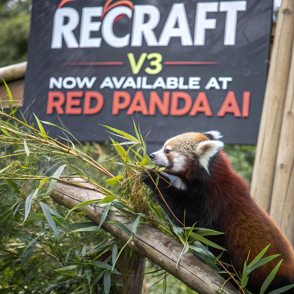 AI generated image by FLUX.1-schnell: a red panda eating a bamboo in front of a poster that says "recraft V3 now available at red panda ai