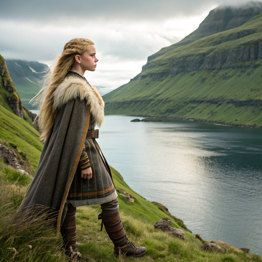 AI generated image by Red Panda AI: a beautiful young viking girl at a Fjord, hyperrealistic HD image