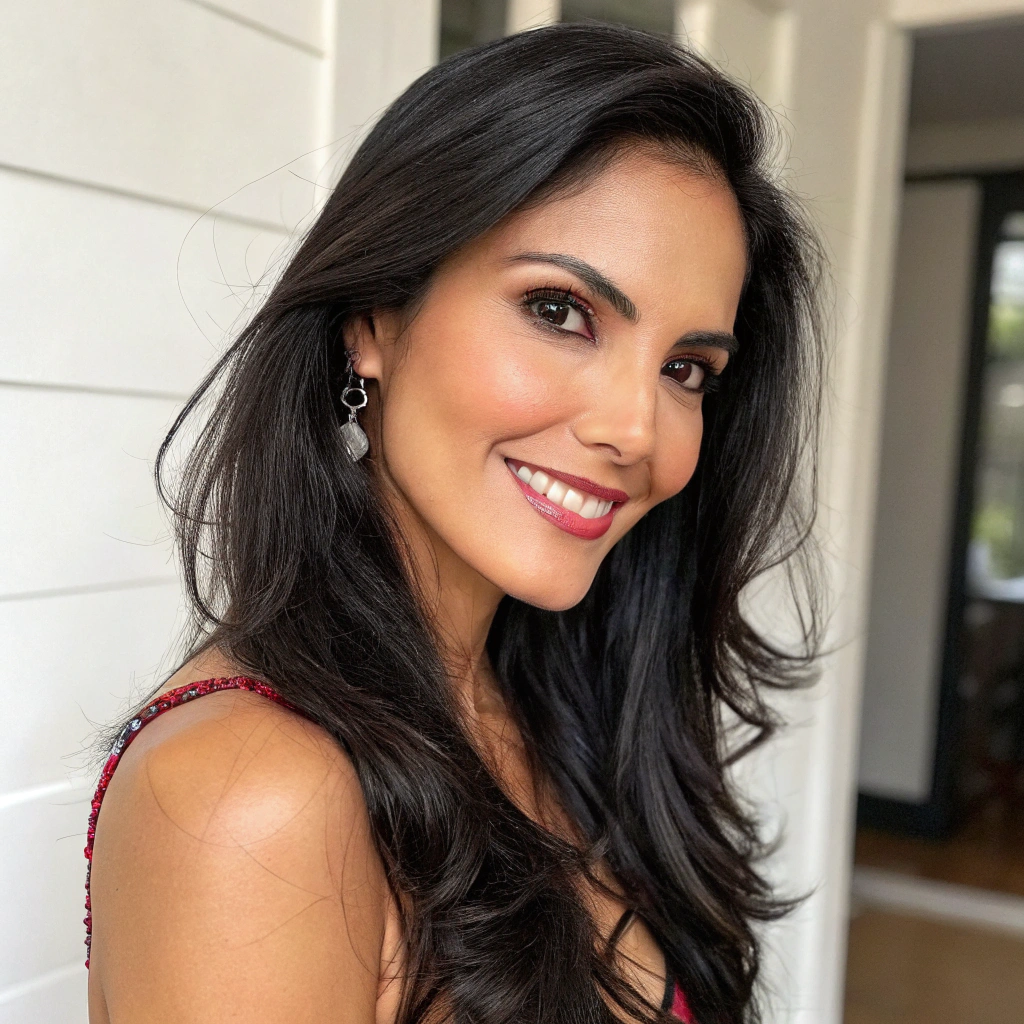 AI generated image by FLUX.1-schnell: A pretty latina woman in her 30s. This is a photo for her dating app profile. She is looking at the camera