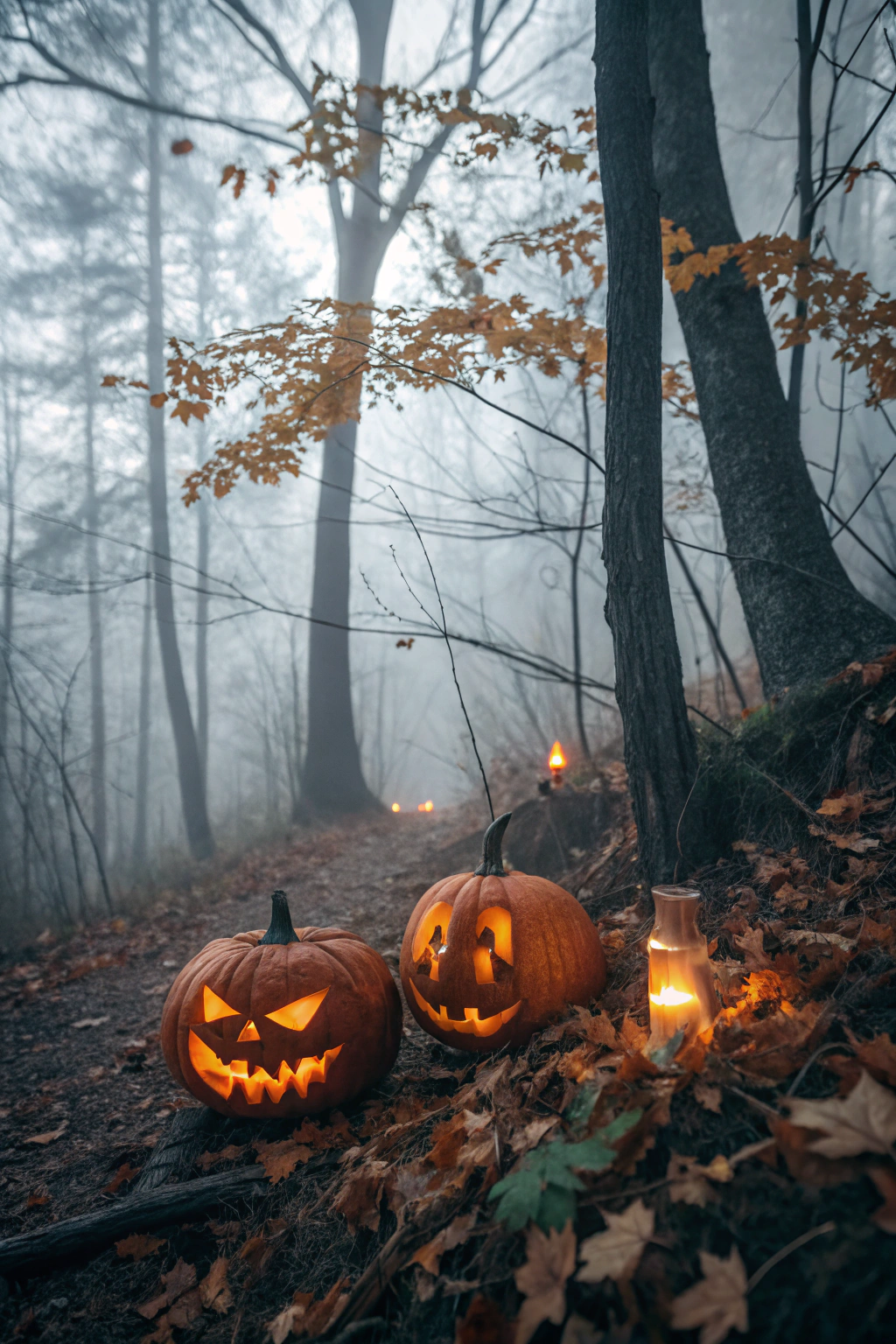 AI generated image by FLUX.1-schnell: two Halloween pumpkins in the forest, candles burning in the pumpkins, autumn forest, thick fog, twilight, film photography