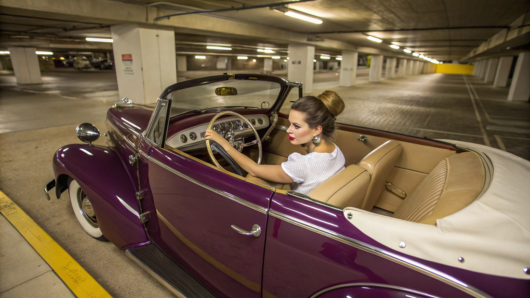 AI generated image by FLUX.1-schnell:  Establishing shot. Well-lit underground garage. Front interior of a 1940s purple Chevrolet convertible with the top down. The gearshift is on the steering column. The broadcloth high bench seat is light tan Dashboard is dark brown. The floorboard is covered by a off-white carpet. Floorboard is flat. Pedals are prominent  Beautiful very petite woman in the driver's seat.  Feel on the floorboard. left foot against the seat. Right foot forward.She has long light brown hair gathered into a bun, brown eyes, bright lipstick, eye makeup. Cork wedge ultra high heel slides with a bright purple vamp. Large gold earrings. white off-shoulder peasant blouse, 3/4 sleeve tight-fitting denim pencil miniskirt with delicate gold embroided design. Full body shot from the passenger side just outside the door aimed toward feet and pedals. 
