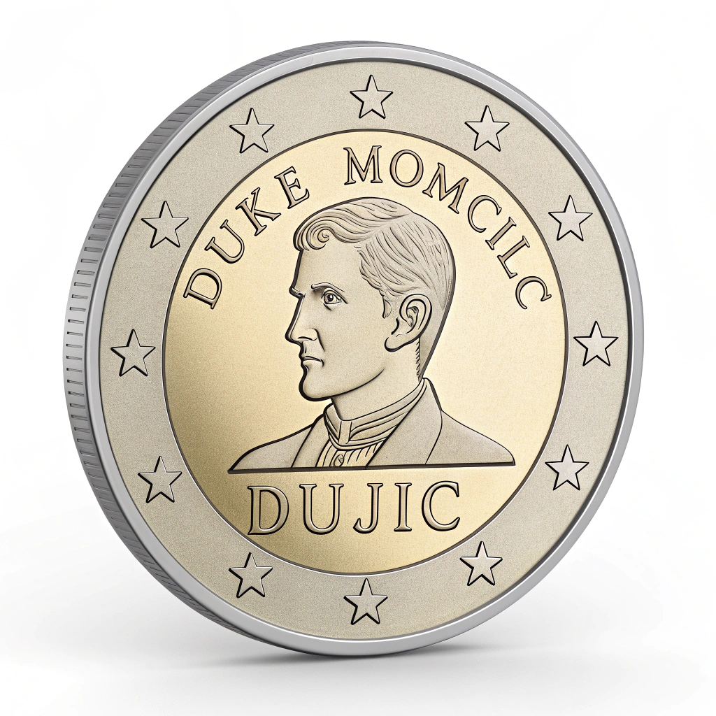 AI generated image by Red Panda AI: Make me a picture of a euro coin with Nikola Tesla on it, but instead of Tesla, Duke Momčilo Đujić.