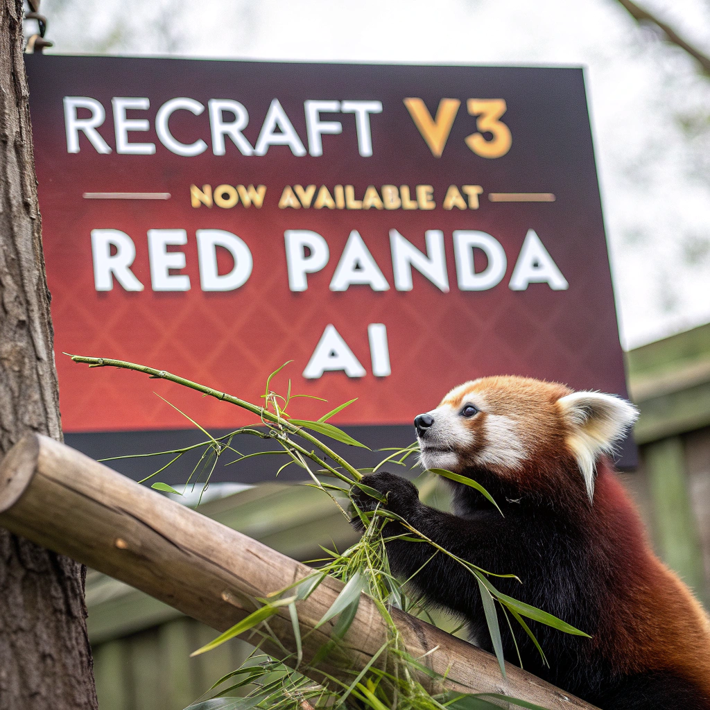 AI generated image by FLUX.1-schnell: a red panda eating a bamboo in front of a poster that says "recraft V3 now available at red panda ai