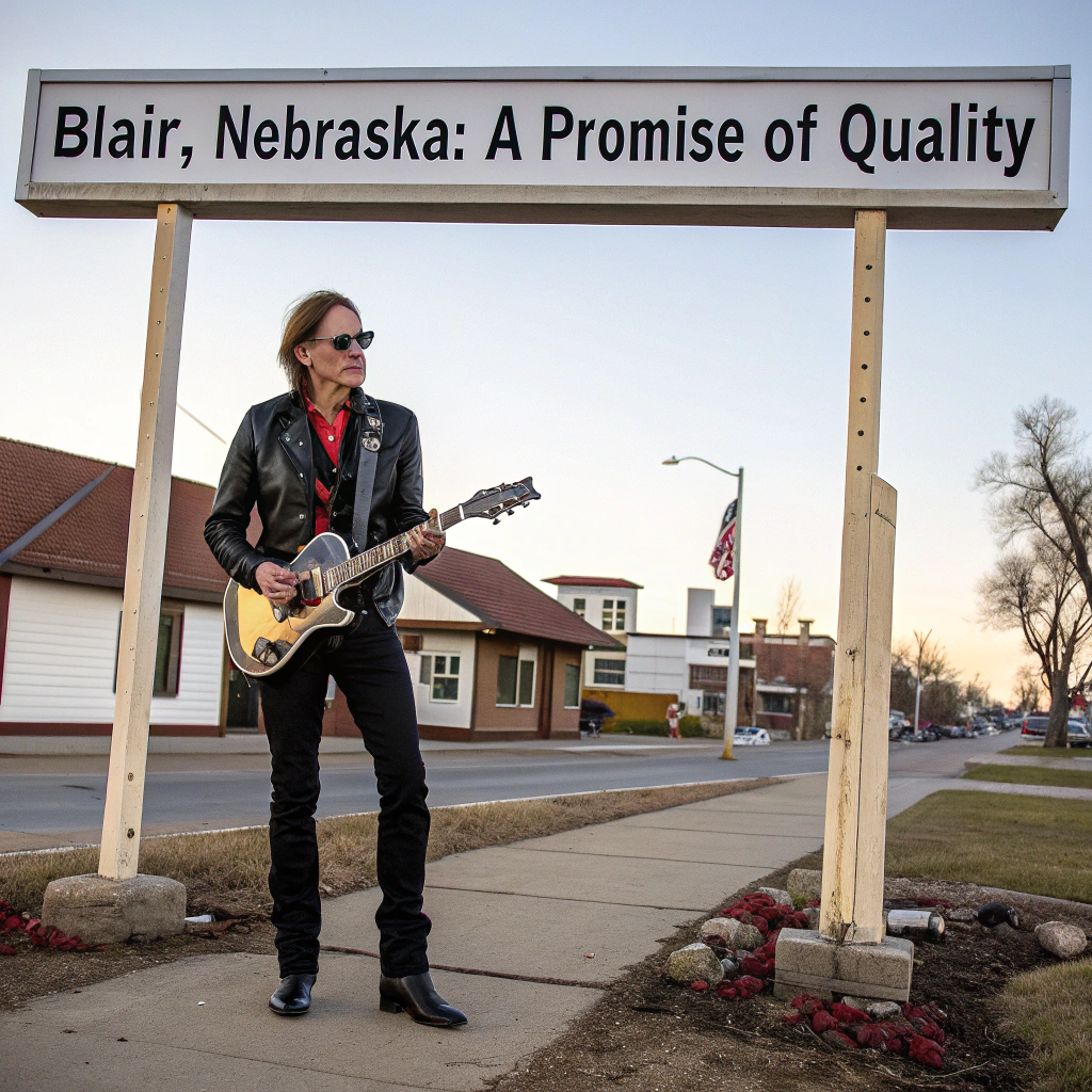 AI generated image by Red Panda AI: Steve Vai in front of a sign that says, "Blair, Nebraska: A Promise of Quality"