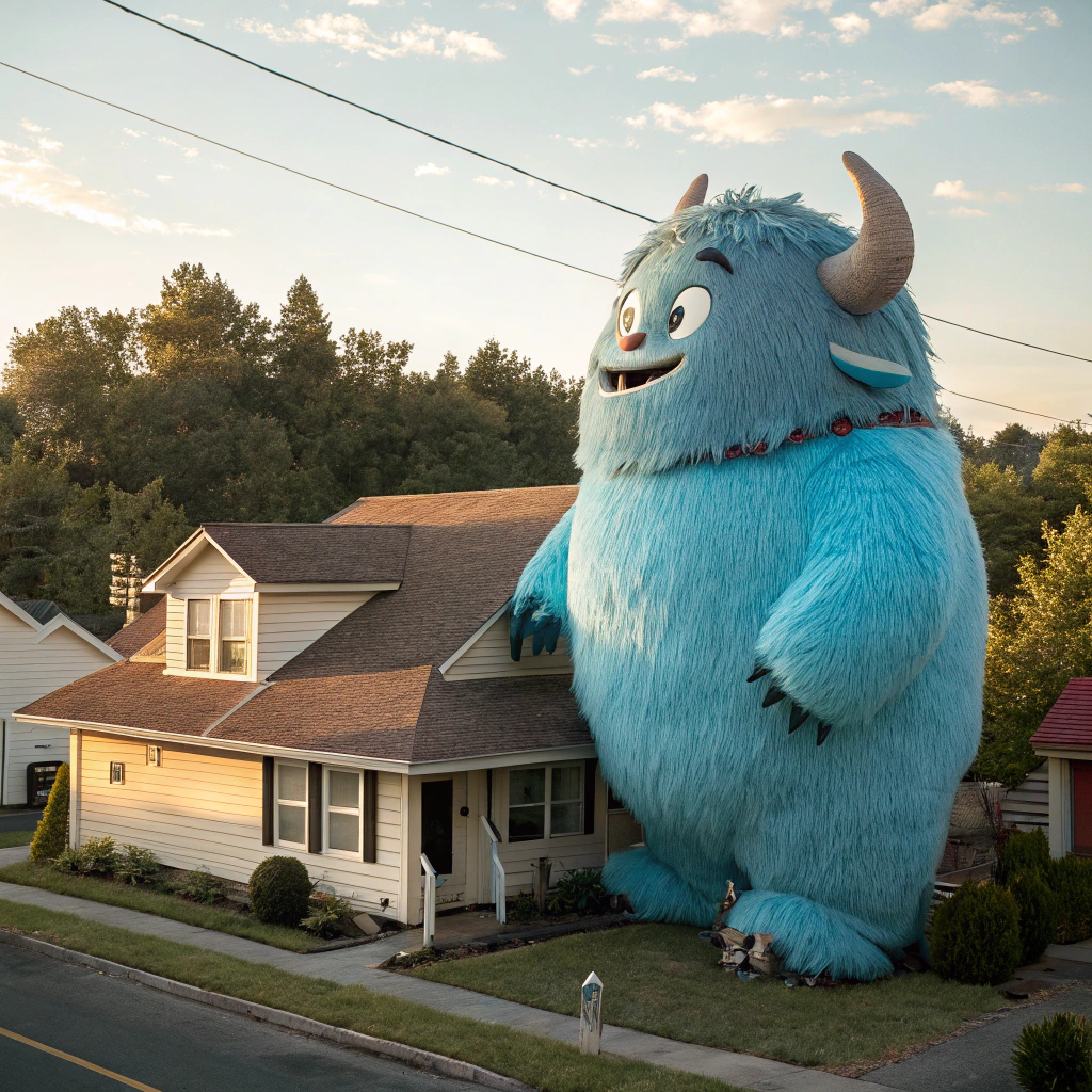 AI generated image by FLUX.1-schnell: A big cute blue fuzzy Kaiju creature with horns, looking happy, and standing over a house. For kids, CGI 4K