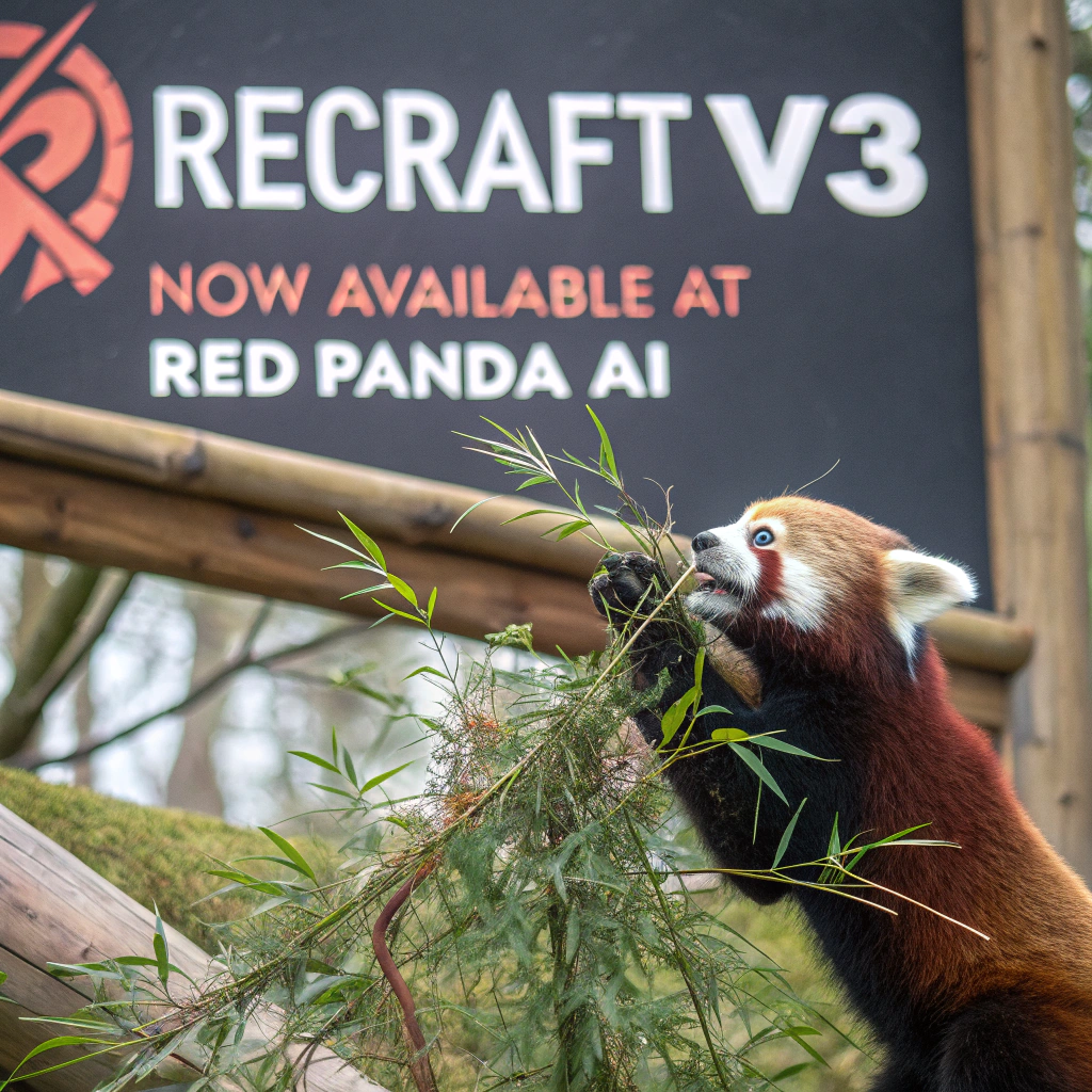 AI generated image by Red Panda AI: a red panda eating a bamboo in front of a poster that says "recraft V3 now available at red panda ai