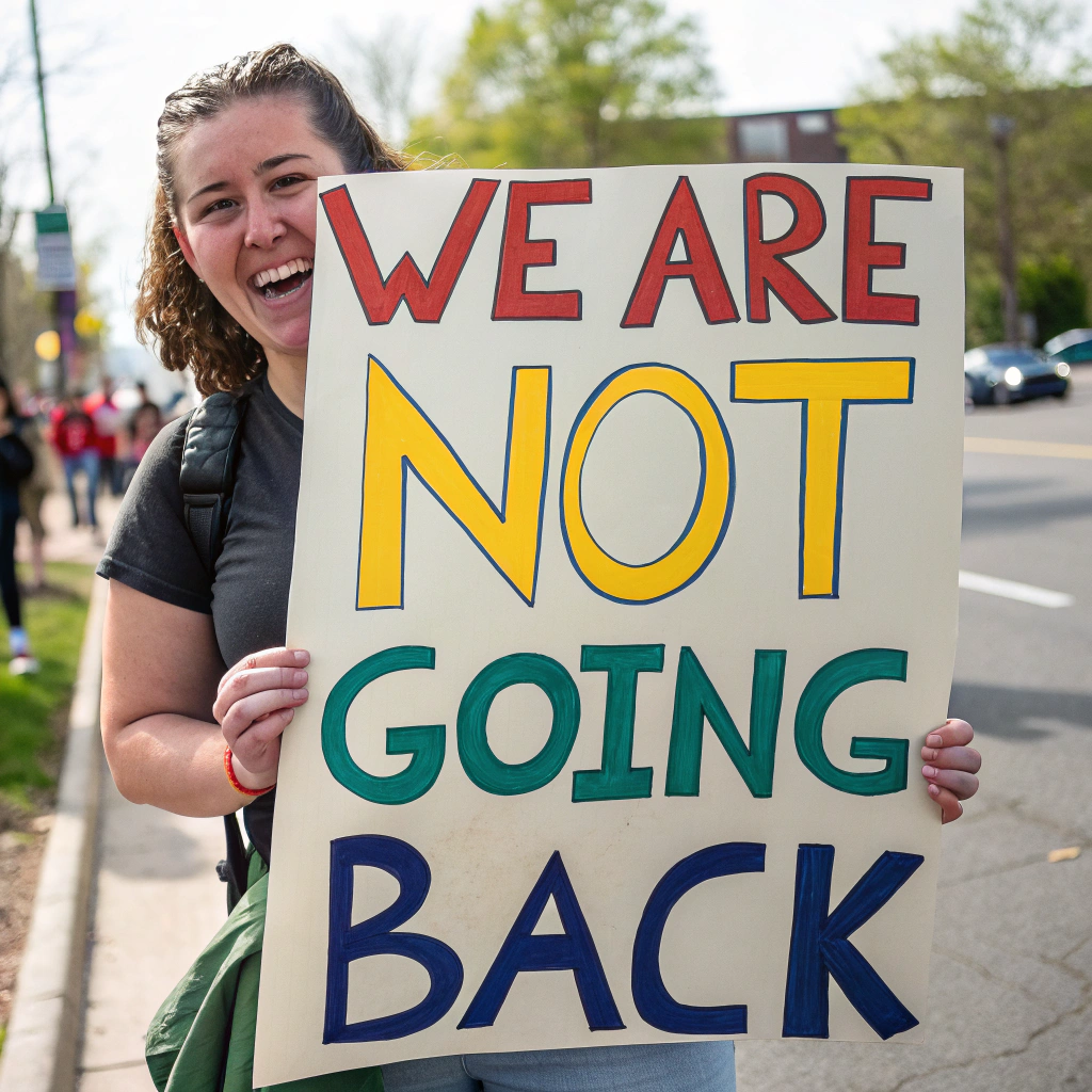 AI generated image by Red Panda AI: a happy woman holding a sign that says "WE ARE NOT GOING BACK"