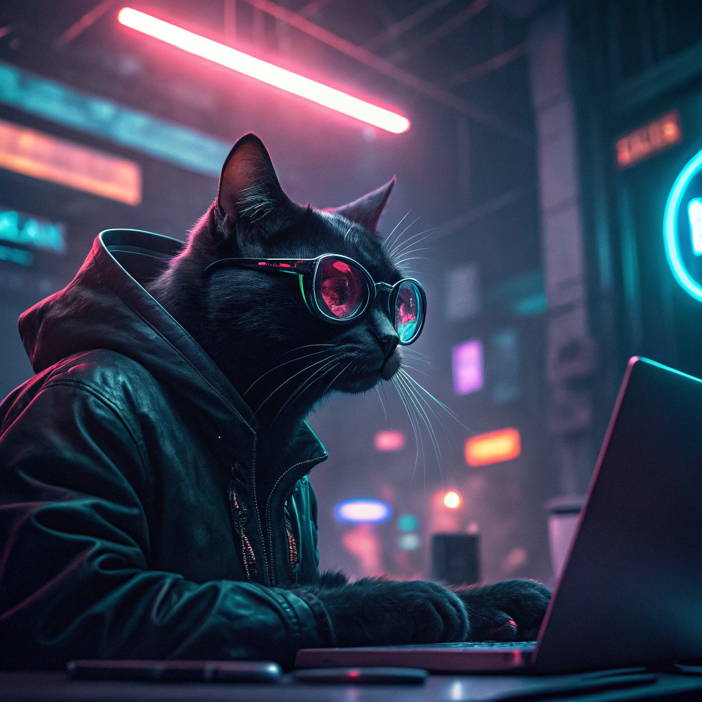 AI generated image by FLUX.1-schnell: a cool black cat-hacker in cyberpunk glasses sitting behind the computer, cyberpunk interior, hyperrealistic, dramatic