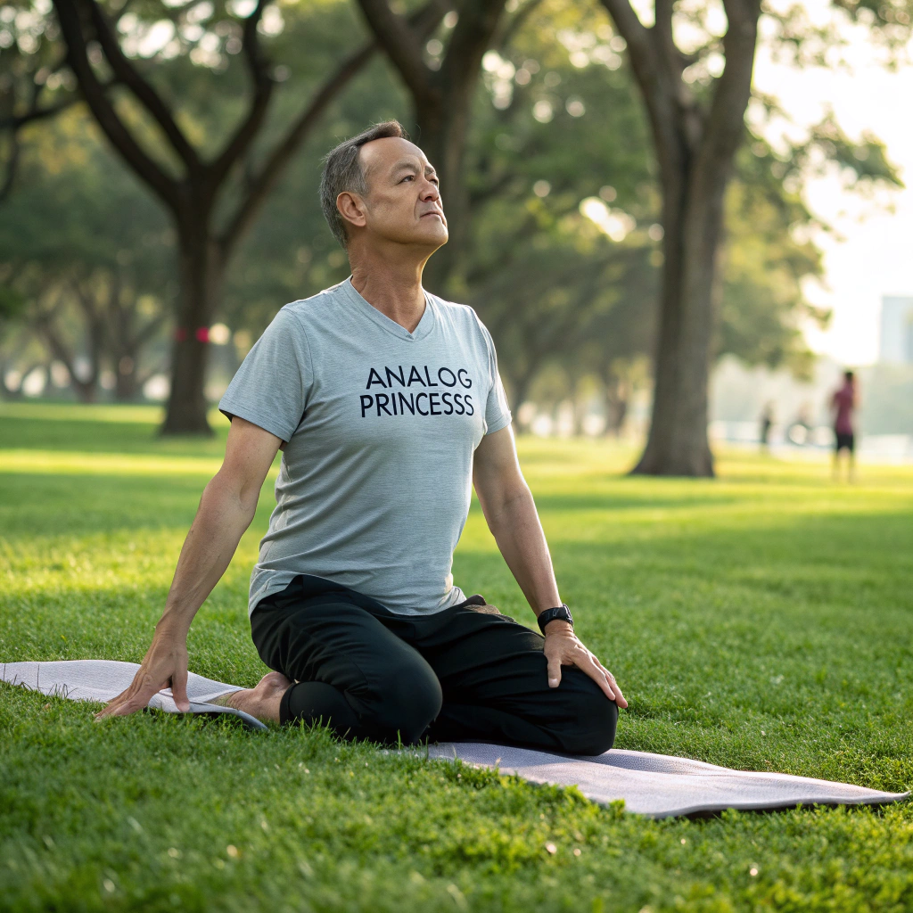 AI generated image by FLUX.1-schnell: photorealistic, tom hanks doing yoga in a park, wearing a t shirt that reads "ANALOG PRINCESS"