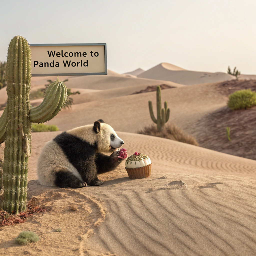 AI generated image by FLUX.1-schnell: A panda eating dessert in the desert with a board writing "welcome to panda world". Photography. CGI 4k