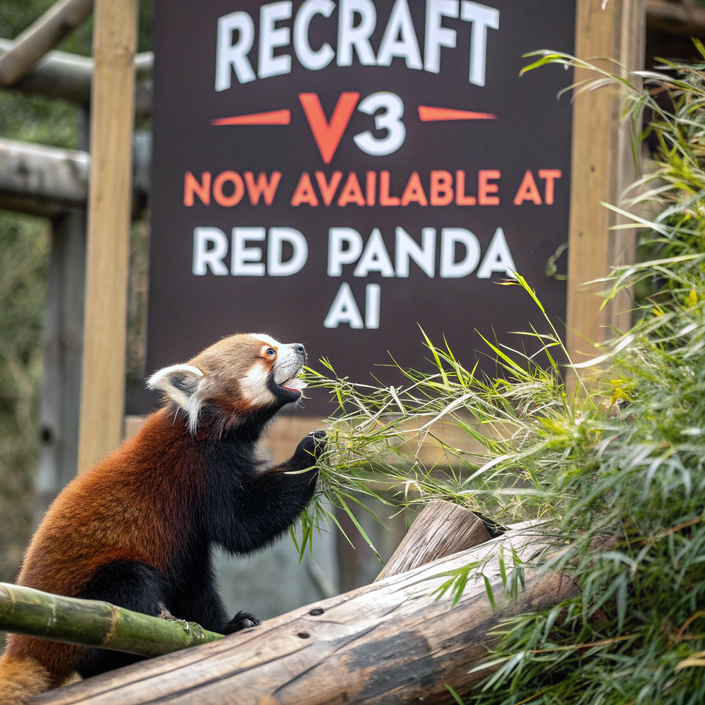 AI generated image by FLUX.1-schnell: a red panda eating a bamboo in front of a poster that says "recraft V3 now available at red panda ai