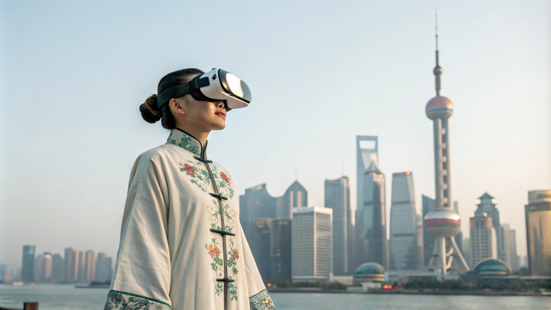 AI generated image by Red Panda AI: Make an image of a young Chinese woman, in 19th century China, wearing traditional Chinese clothing and very modern virtual reality glasses, looking at a horizon that has China in 2024 on it. Make it show her whole body